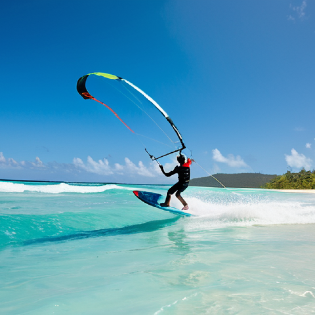 A professional female kitesurfer in a modest, full-coverage wetsuit, skillfully navigating the turquoise waters of a Seychelles beach. The scene captures the invigorating energy of the strong southeast trade winds, with palm fronds vigorously swaying in the background and dynamic waves in the ocean. The sky is bright and clear, emphasizing the ideal conditions for active water sports. professional photography, high resolution, detailed, vibrant colors, safe for work, appropriate content, fully clothed, professional, perfect anatomy, correct proportions, natural pose, well-formed hands, proper finger count, natural body proportions.