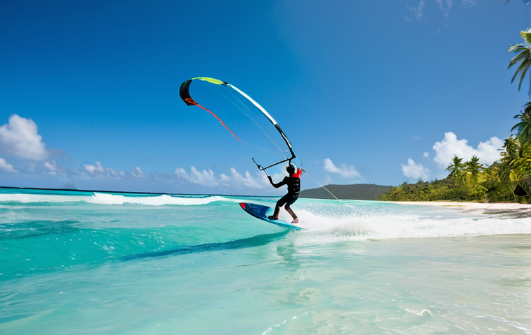 A professional female kitesurfer in a modest, full-coverage wetsuit, skillfully navigating the turquoise waters of a Seychelles beach. The scene captures the invigorating energy of the strong southeast trade winds, with palm fronds vigorously swaying in the background and dynamic waves in the ocean. The sky is bright and clear, emphasizing the ideal conditions for active water sports. professional photography, high resolution, detailed, vibrant colors, safe for work, appropriate content, fully clothed, professional, perfect anatomy, correct proportions, natural pose, well-formed hands, proper finger count, natural body proportions.