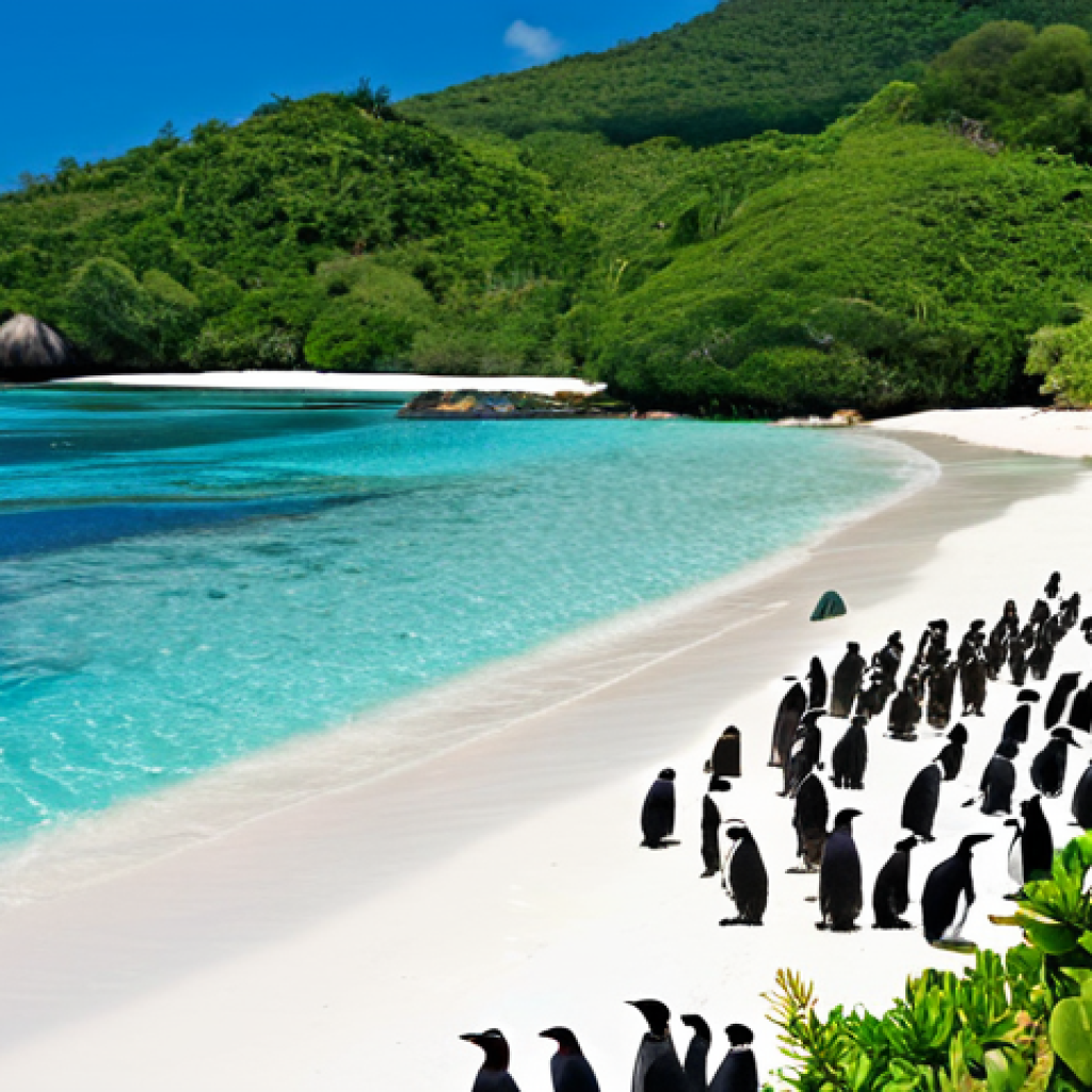세이셸 아프리카 펭귄 보호지역 - Penguin Breeding Sanctuary**
"A wide shot of a secluded beach in the Seychelles, showcasing a pengu...