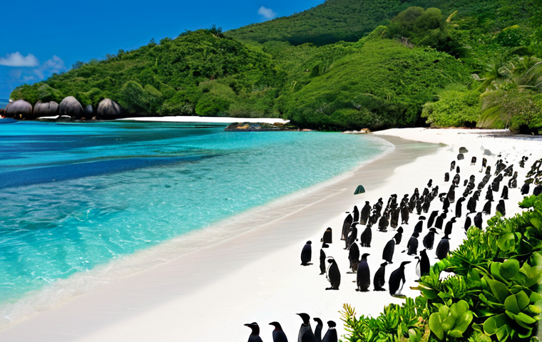 세이셸 아프리카 펭귄 보호지역 - Penguin Breeding Sanctuary**

"A wide shot of a secluded beach in the Seychelles, showcasing a pengu...