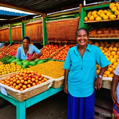 Home 18 세이셸 민족의 구성 - The Living Mosaic of Victoria Market**
"A vibrant, bustling daytime scene at Victoria Market in Sey...