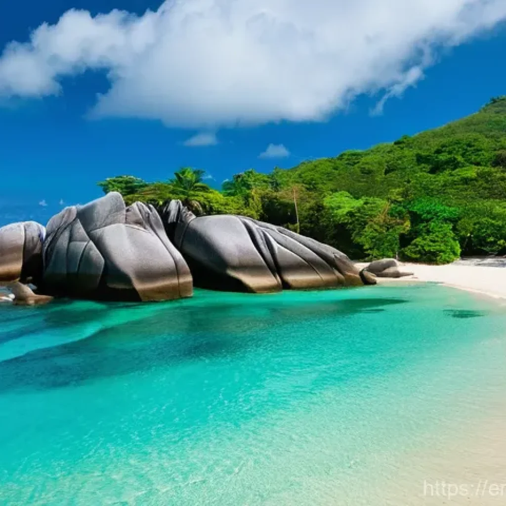 세이셸 합리적 여행비용 계획 - **Prompt:** A serene and picturesque beach in the Seychelles during the peaceful "shoulder season" (...