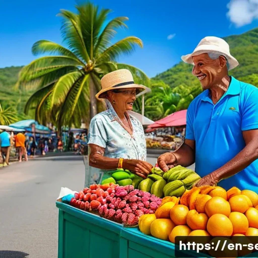세이셸 통화와 환전 정보 - A vibrant local market scene in Seychelles during daylight, featuring a friendly vendor exchanging S...