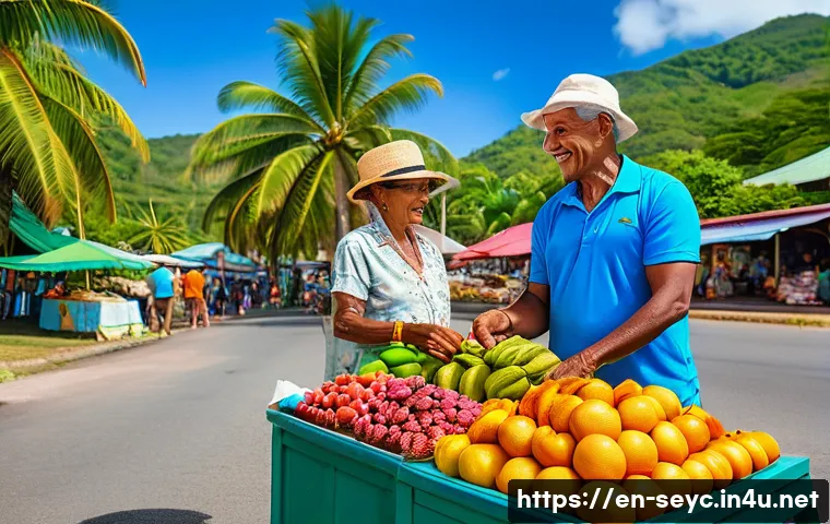 세이셸 통화와 환전 정보 - A vibrant local market scene in Seychelles during daylight, featuring a friendly vendor exchanging S...