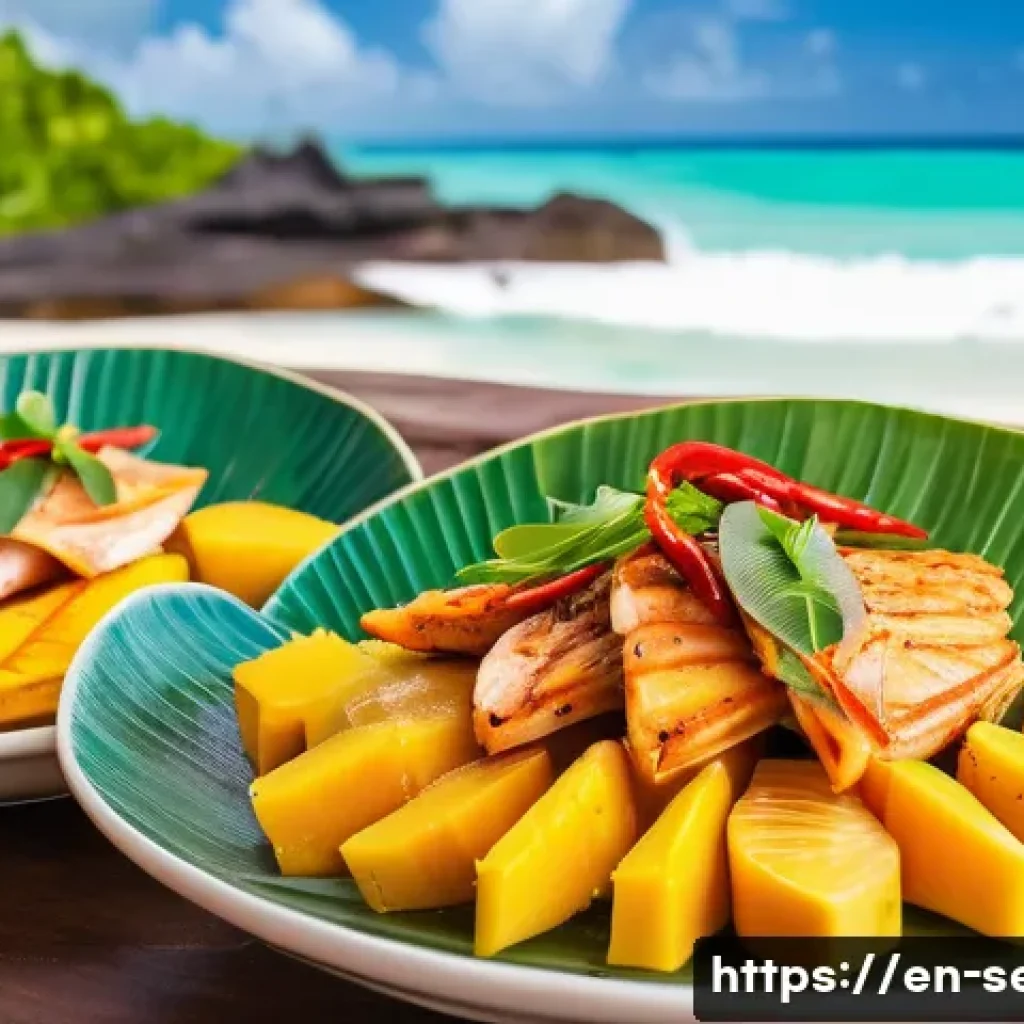 세이셸 대표 음식 레시피 - A vibrant Seychellois seafood feast displayed on a rustic wooden table set outdoors near a turquoise...