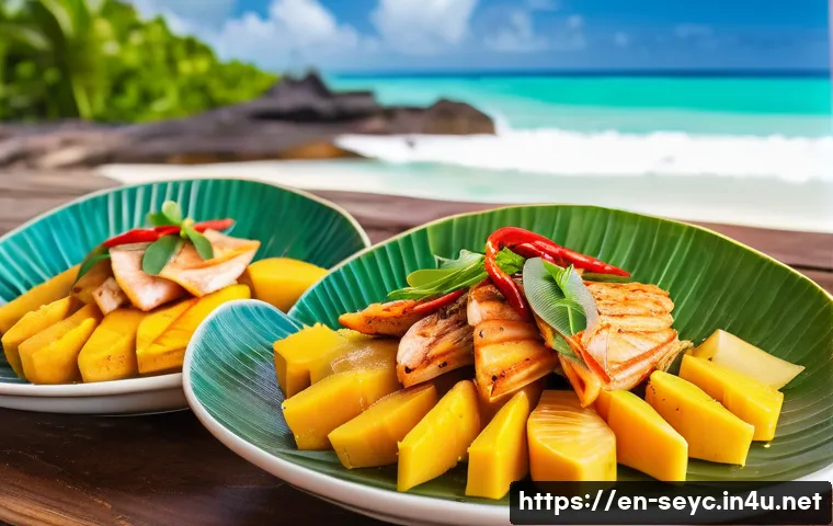 세이셸 대표 음식 레시피 - A vibrant Seychellois seafood feast displayed on a rustic wooden table set outdoors near a turquoise...