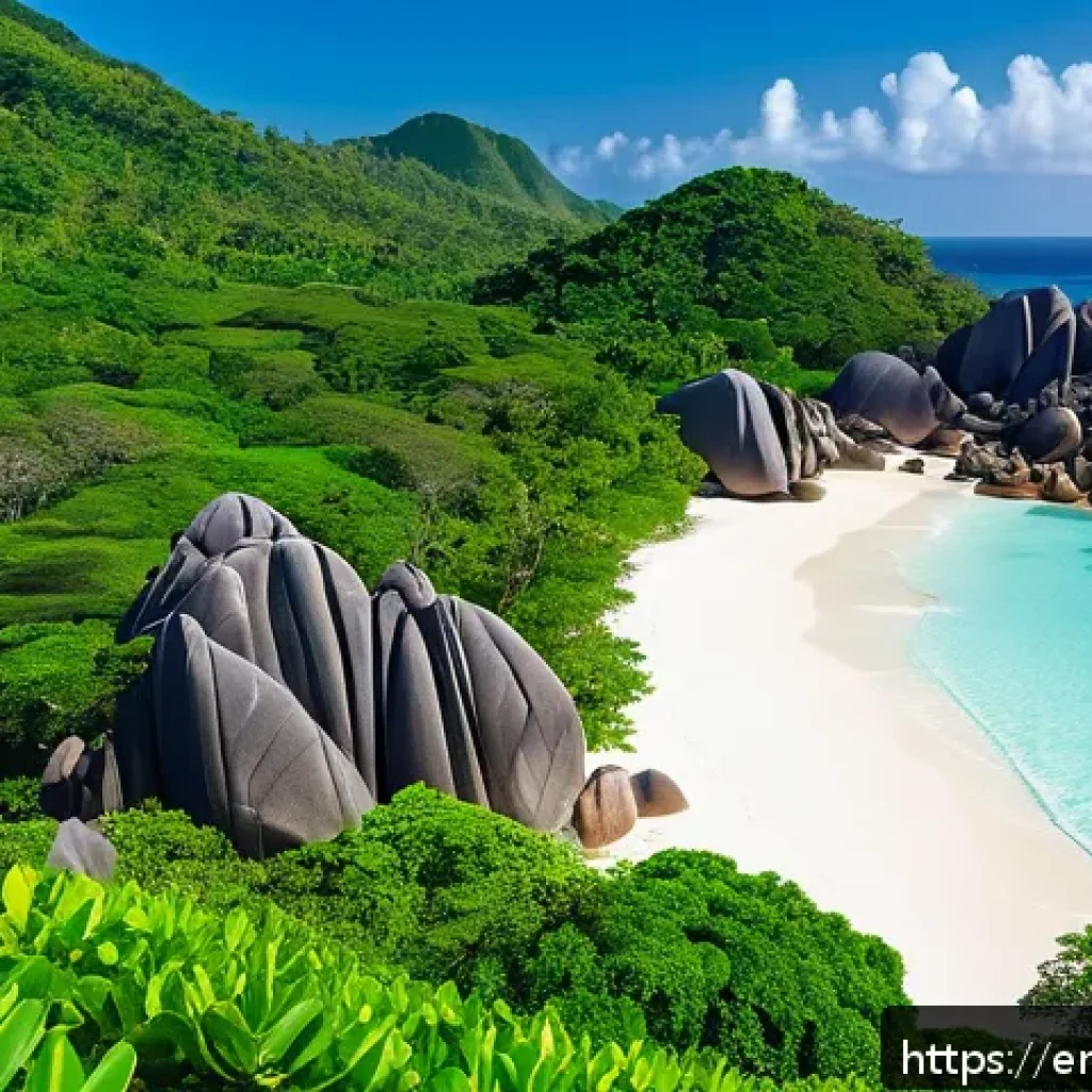 세이셸과 몰디브 비교 여행 - A breathtaking tropical landscape of Seychelles featuring rugged granite boulders and lush green tro...