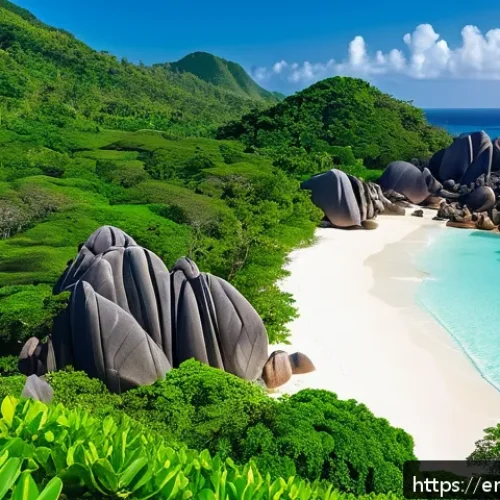 Home 15 세이셸과 몰디브 비교 여행 - A breathtaking tropical landscape of Seychelles featuring rugged granite boulders and lush green tro...