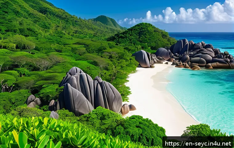 세이셸과 몰디브 비교 여행 - A breathtaking tropical landscape of Seychelles featuring rugged granite boulders and lush green tro...