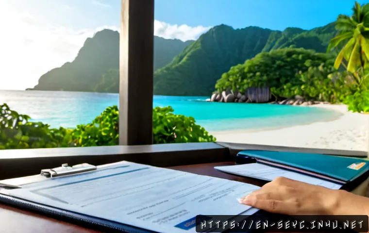 Home 15 세이셸 비자 발급 절차 - Photorealistic travel visa application scene, an adult traveler seated at a clean home office desk r...