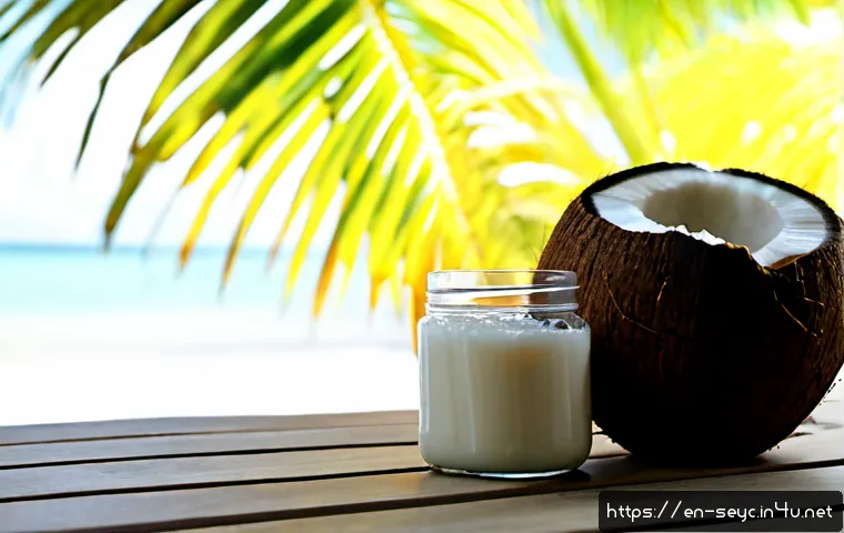 세이셸 코코넛 기반 상품 - Photorealistic still life of premium coconut-based products from a tropical island setting: a clear ...